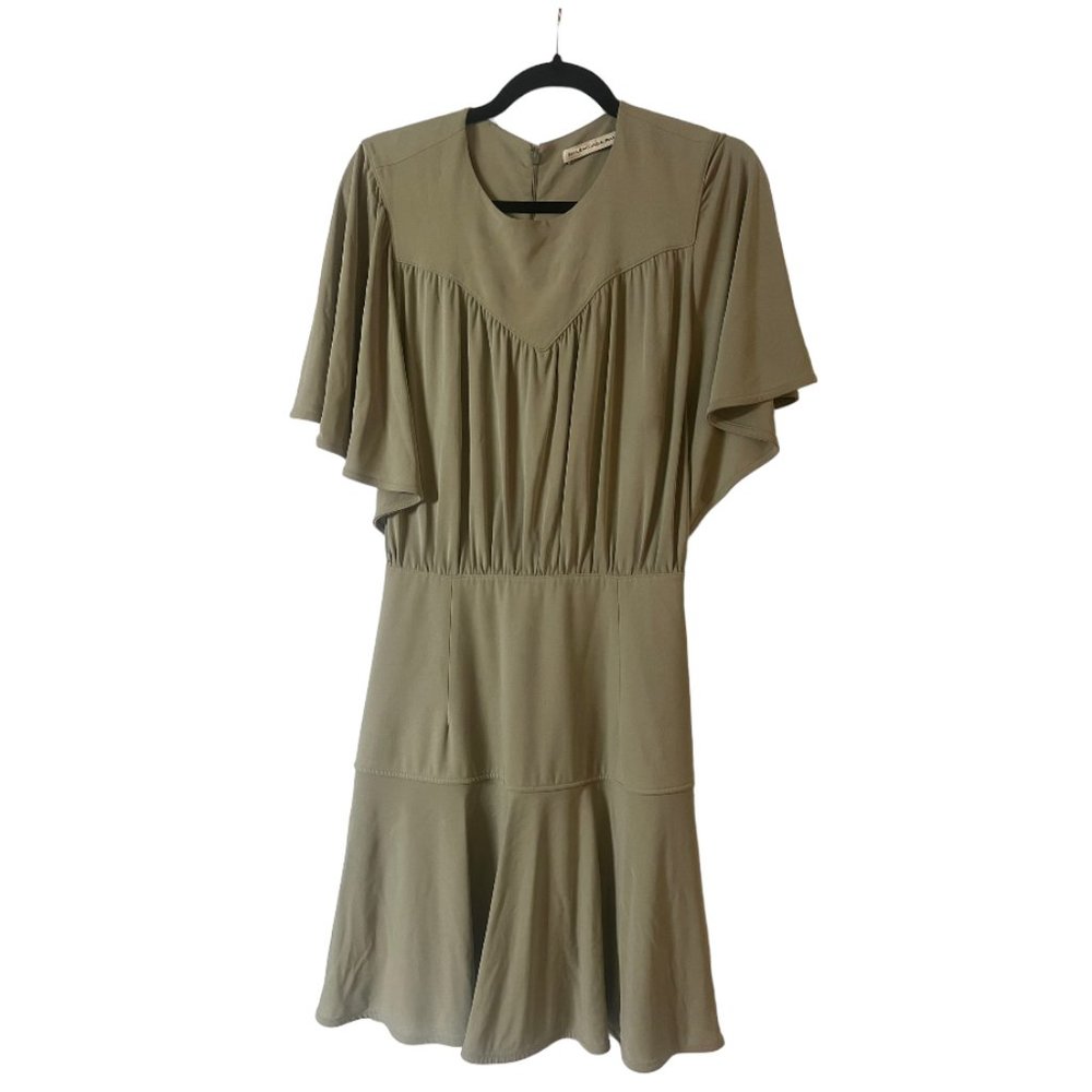 BALENCIAGA SAGE GREEN FLUTTER SLEEVE DROP WAIST A-LINE DRESS -VINTAGE!